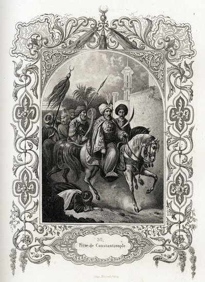 A tomada de Constantinopla em 1453 pelas forças otomanas. Gravura para ilustrar Histoire des popes de Maurice Lachatre (1814-1900), librairie du progres, Paris. de French School