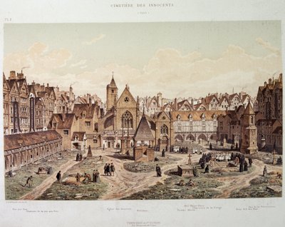 A igreja e o cemitério dos Inocentes em 1550 - em "Paris a travessa les idades", no final do século XIX. de French School