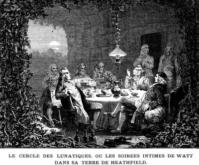 O círculo de lunáticos, ou as noites íntimas de Watt na terra de Heathfield - no "Álbum da Ciência; ilustres estudiosos; Grandes descobertas" 1896. de French School