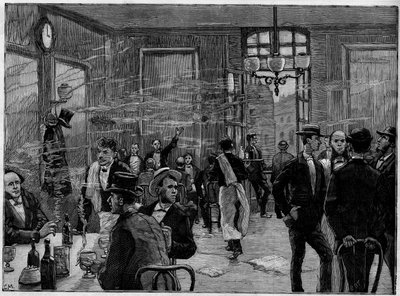 Os rapazes do café num estabelecimento na Rue Montmartre em Paris, em "The Illustrous World" 1886. de French School