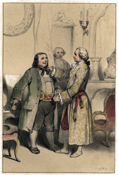 O compositor Joseph Haydn recebeu um homem que lhe veio pedir para compor uma ementa para o casamento da sua filha. Placa retirada de "Scenes de la vie des hommes famous", gravada em dois tons por Valerio. 1843. de French School