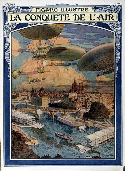 A conquista do ar: dirigível, balão e balão de ar quente sobre Paris - capa do Figaro Ilustrado de fevereiro de 1909 de French School