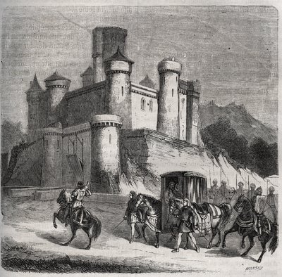 O cortejo de Rigonde (Rigonthe) (cerca de 569 - após 589) deixa Paris para ir ao seu noivo, o Príncipe Recarede. Gravura de 1871 em "Histoire Des Cocus Celebres" de Henry de Kock (1819-1892). de French School