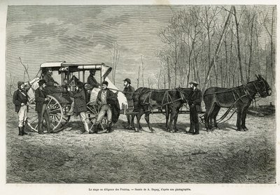 O percurso ou diligência sobre o cavalo das pradarias, desenho de A. Dupuis, para ilustrar a história de uma excursão ao Canadá e ao rio vermelho norte, em 1873, por H. de Lamotte. Gravura em Le tour du monde de French School