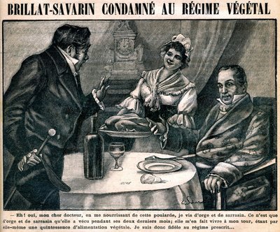 A curiosa dieta vegetariana do gastrônomo Jean Anthelme Brillat-Savarin (Brillat Savarin) (1755-1826, na capa do semanário "La cuisine des familles" n°90, 10 de março de French School