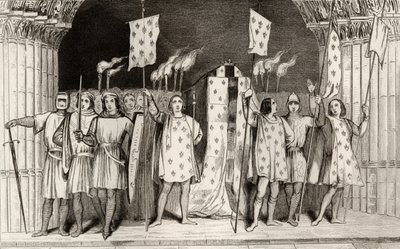 O infante morto Jean I (1316) o póstumo proclamou rei em seu funeral, de &39;Histoire de France&39; por Colart, publicado c.1840 de French School