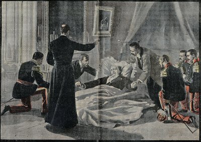 A morte de Felix Faure (1841-1899), presidente da França, Abbe Renault deu-lhe a absolvição. Gravura em "Le Pelerin" 26/02/1899. de French School