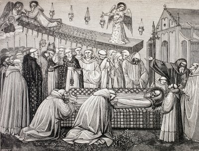 A morte de São Bento de Núrsia na Abadia de Monte Cassino, de "A vida militar e religiosa na Idade Média", de Paul Lacroix, publicada em Londres, c.1880 de French School