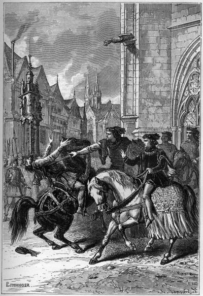 A morte de Wat Tyler em Smithfield, Londres, em 1381 durante a Revolta dos Camponeses - Morte de Wat (ou Walter) Tyler, Revolucionário Inglês, em Smithfield, durante a Revolta dos Camponeses, Londres de French School