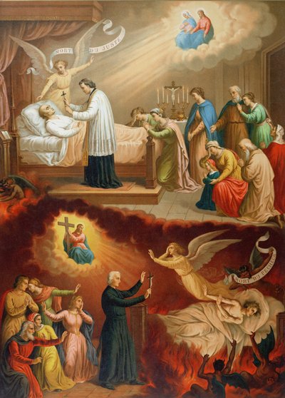 A morte do homem justo e a morte do pecador, ilustração de um catecismo pictórico, final do século XIX de French School