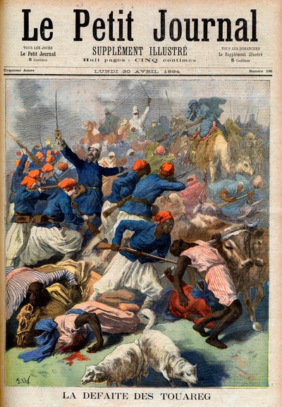 A derrota dos Tuaregue. Tropas coloniais francesas sob o comando do Tenente-Coronel Joseph Joffre (1852-1931) - A Derrota do Tuaregue. Ilustração para Le Petit Journal, 30 de Abril de 1894 (gravura) de French School