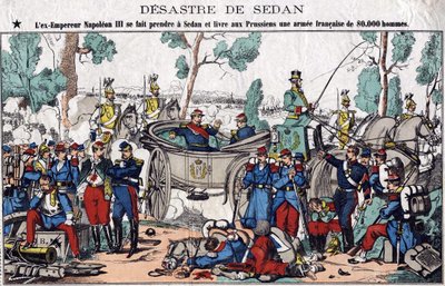O desastre de Sedan; o ex-Emperador Napoleão III é apanhado em Sedan e entrega aos prussianos um exército francês de 80.000 homens, imagem de uma espinha dorsal do século XIX. de French School