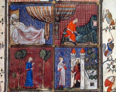 O sonho: O Amante Adormecido, a vestir-se, a coser a camisa e em frente da Casa do Prazer de Amour. Miniatura em "Roman de la rose" de Jean de Meun, Jean de Meung ou Jean Chopinel, Jean Clopinel (v.1240-1305), cerca de 1370. Chantilly, Musee Conde de French School