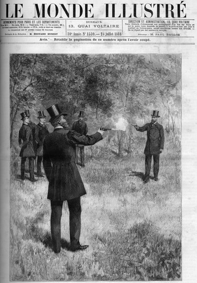 O duelo do General Georges Boulanger (1837-1891), Ministro da Guerra e do Barão Lareinty, Senador. Gravura em "O Mundo Ilustrado" 1886. de French School