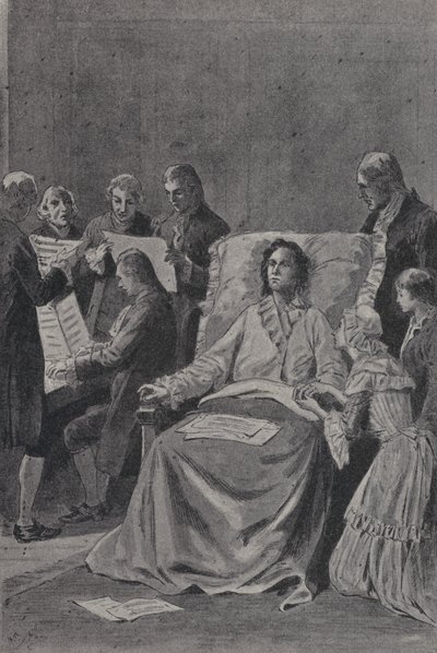 O moribundo Wolfgang Amadeus Mozart ouvindo seus amigos interpretando sua cantata Em Louvor da Amizade (gravura) de French School
