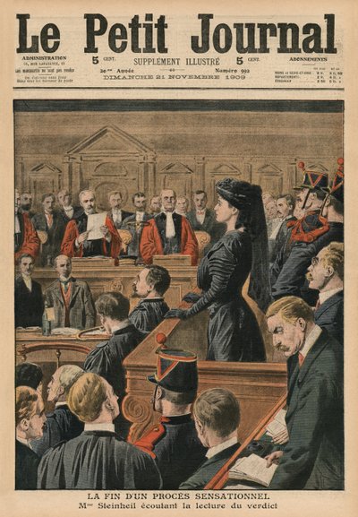 O fim de um julgamento sensacional, Marguerite Steinheil ouvindo o veredicto, ilustração da capa do &39;Le Petit Journal&39;, suplemento ilustrativo, 21 de novembro de 1909 de French School