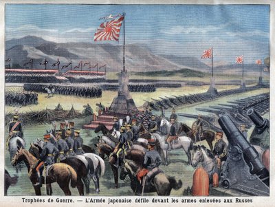 Fim do conflito russo japonês, o exército vitorioso do Japão senta-se em frente à aquisição de armas pela Rússia, no "Le Petit Parisien", no dia 24/06/1906 (gravura) de French School