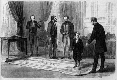 O engenheiro Boutet apresentou ao Imperador Napoleão III (1808-1873) o seu plano para uma ponte ferroviária entre a França e a Inglaterra, na presença do seu filho Príncipe Imperial (1856-1879). de French School