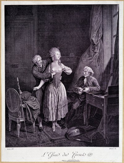 O ensaio do espartilho (dois homens e uma mulher com os seios desnudados) - 18ª gravura. de French School