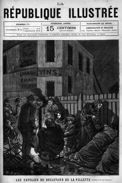 As expulsões da Boulevard de la Villette: os trabalhadores expulsos de uma cidade parisiense devem dormir na rua (S.D.F.). Um jornal. Gravura de 1880 na colecção privada "La republique illustree". de French School
