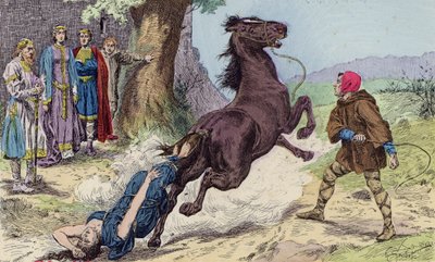 Execução de Brunhilda da Austrásia por Chlothar II, 613 (litografia a cores) de French School