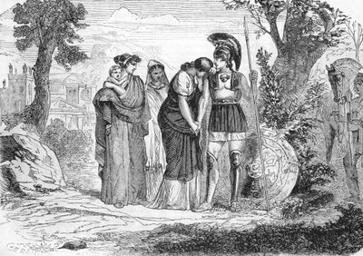 A despedida de Hector e Andromaque (gravura) 1864 de French School