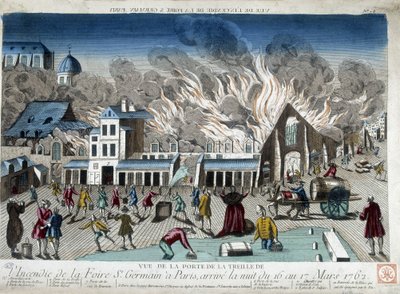 O incêndio da Feira de Saint Germain em Paris, na noite de 16 para 17 de Março de 1762 - gravura de French School