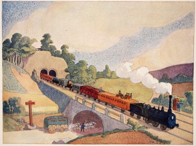 A primeira ferrovia de Paris a Rouen, cópia de um selo de 1837, de M. Charles Sanlaville (fl. 1920-2030), ilustração da História da nação francesa, por Gabriel Hanotaux (1853-1944), 1924 de French School