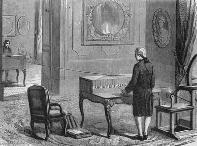 O primeiro telégrafo eléctrico (aparelho de Georges Lesage), Genebra 1760. In" Album de la Science", Éditions Jouvet de French School