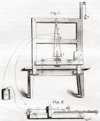 O primeiro telégrafo eléctrico inventado por Samuel Morse em 1837, de Les Merveilles de la Science, publicou c.1870 (gravura) de French School