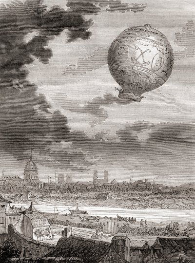 O primeiro vôo de balão desamarrado, por Jean-François Pilâtre de Rozier e o Marquês de Arlandes em 21 de Novembro de 1783, num balão Montgolfier, de Les Merveilles de la Science, publicado c.1870 (gravura) de French School