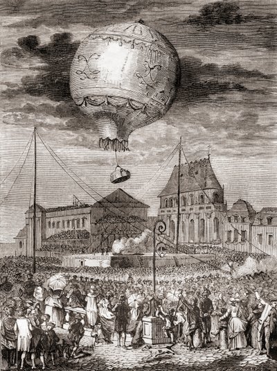O voo do Aérostat Réveillon no dia 19 de Setembro de 1783 pelos irmãos Montgolfier em Versalhes, França, perante o Rei Luís XVI de França e a Rainha Maria Antonieta, de Les Merveilles de la Science, publicado c.1870 (gravura) de French School
