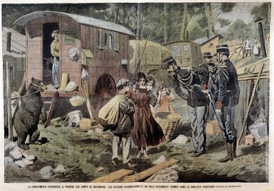 A gendarmerie procura, através dos campos ciganos, os autores dos recentes ataques e roubos cometidos no subúrbio parisiense - em "Pelerin" de 21/04/1907. de French School