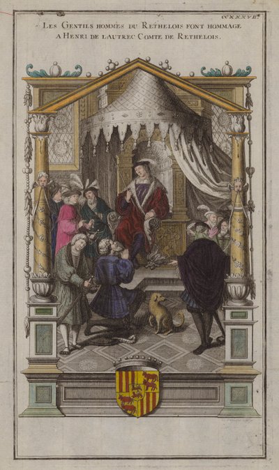 Os senhores de Rethelois prestam homenagem a Henri de Lautrec, Comte de Rethelois (gravura colorida) de French School