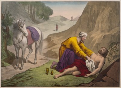 O bom samaritano, ilustração de um catecismo LHistoire Sainte, publicado por Charles Delagrave, Paris, final do século XIX de French School