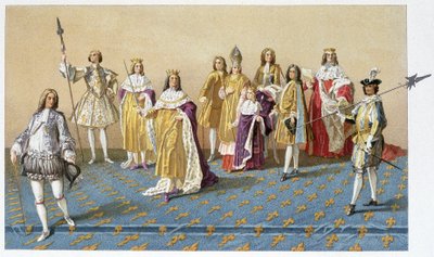 Os grandes dignitários para a coroação de Luís XV: Marquês de Dreux, Marechal de Villards, Duque de Harcourt, Arcebispo Duque de Reims, Luís XV, Príncipe Carlos de Lorena, Duque de Villeroy, Duque de Armonville - cromo. de French School