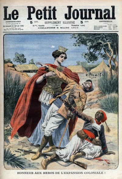 Os heróis do colonialismo (no Norte de África) são homenageados com a gravura alegórica "Le Petit Journal", 6 de Março de 1910 (gravura) de French School