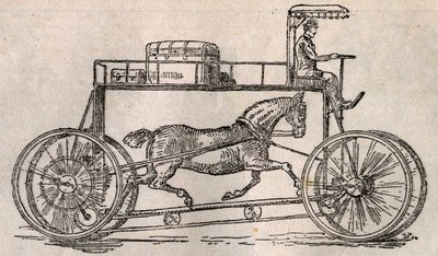 O hipociclo: invenção para a "conservação dos cavalos" como meio de transporte após a chegada dos carros e bicicletas. Gravura em "Le Pelerin" de 9 de agosto de French School
