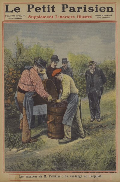 As férias do Presidente Fallieres de França: a vindima em sua casa na aldeia de Loupillon (cor litho) de French School