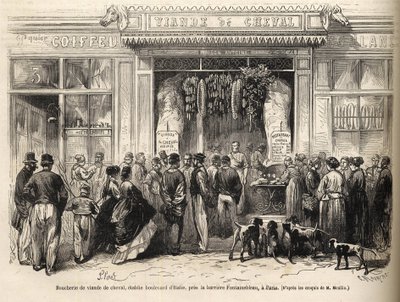O talho do cavalo na barriere de Fontainebleau (Paris) abriu em 1866 - talho chevaline - Boucherie Meat de Cheval Boulevard Italie pres de la barriere de Fontainebleau 1866) Gravura em "Le monde illustrious" de 1866 de French School