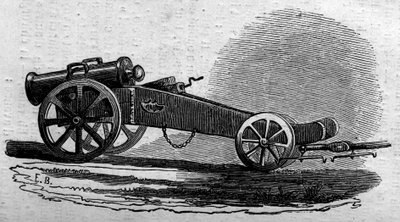 O howitzer do exército austríaco usado durante a batalha da Ponte de Buffalora (Itália) durante o Risorgimento, em 1859. Gravura no "Le Monde Illustré" n°114 de 18 de Junho de 1859. de French School