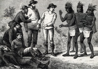 Os habitantes do Peru ajudando os europeus coloniais que sofrem de malária com Cinchona (gravura) 1888 de French School