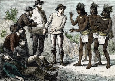 Os habitantes do Peru ajudando os jesuítas que sofrem de malária com Cinchona de French School