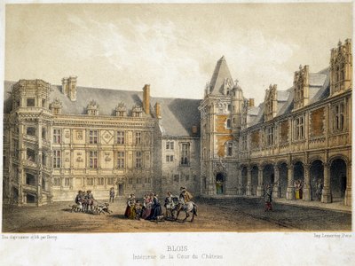 O interior do pátio do castelo de Blois no período de François I (século XVI) - litografia de French School