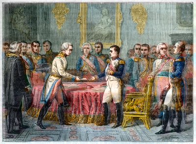 A entrevista de Erfurt, 27 de Setembro - 14 de Outubro de 1808 - Napoleão I recebendo o Barão Vincent, diplomata austríaco e enviado do Imperador da Áustria à direita Alexandre I da Rússia (1777-1825) - Assembleia dos Príncipes em Erfurt em 27 de Setembro  de French School