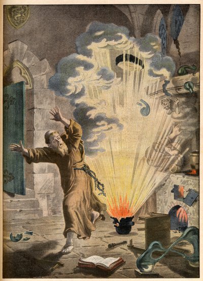 A invenção da pólvora pelo monge e alquimista alemão Berthold Schwartz (ca. 1318-1384) - Invenções ilustres. A pólvora. Ilustração para Le petit Journal, 27 de Janeiro de 1901. de French School