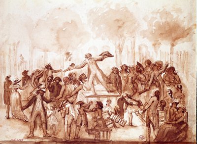 A jornalista Camille Desmoulins (1760-1794) albergou os patriotas nos jardins do Palácio Real" Primeira cena da revolução francesa em Paris, 12 de julho de French School