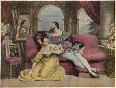 O rei da França François I (1494-1547) e a bela ferragem. Litografia de Daveria de 1838 em "Laughs Et Galanterie". Coleção semanal de Galantes Imagens sobre a direção de John Grand-Carteret. 1903-1904. de French School