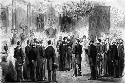 O rei da Suécia Oscar II (1829-1907) recebeu os exploradores Nils Adolf Erik (Eric) Barão Nordenskjold (Nordenskiold) (1832-1901) e o Tenente Palander no Palácio Real em Estocolmo. Em 1878 Nordenskjold passou do Oceano Atlântico para o Oceano Pacífico. de French School