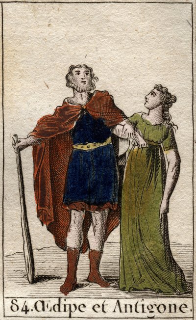 O rei de Édipo de Tebas com sua filha Antigone de "Mythologie de la jeunesse", de Pierre Blanchard 1803. de French School